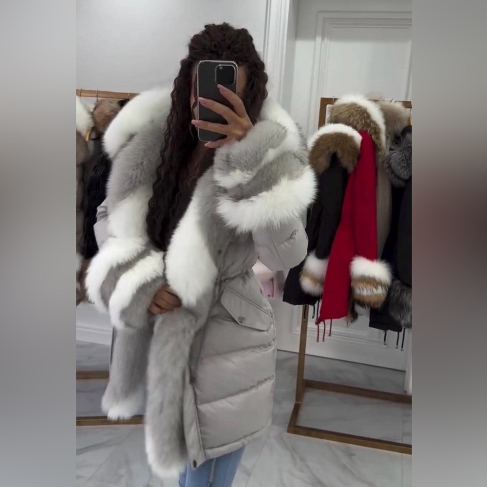 Elegant White and Gray fox fur parka